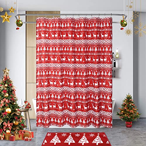 LinTimes Weihnachts-Duschvorhang, roter Xmas-Duschvorhang, Weißer Xmas-Kiefern-Standard-Duschvorhang für Badezimmerdekoration, moderner Happy New Year-Winter-Stoff-Duschvorhang, 91x182 cm Rot von LinTimes