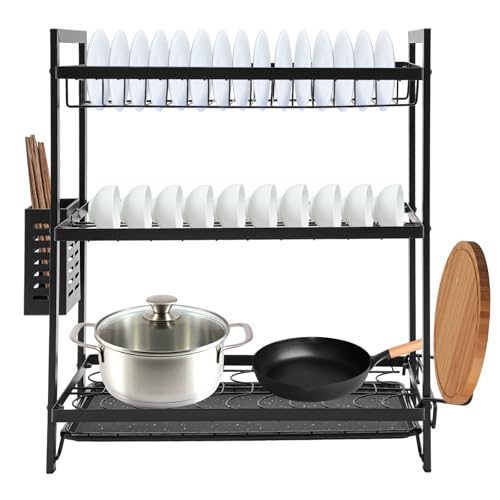 Linanty Geschirr-Abtropfgestell, 3 Ebenen, mit Abtropfgestell, für Küche und Esszimmer, mit Essstäbchen, Besteck und Schneidebrett, Schwarz von Linanty