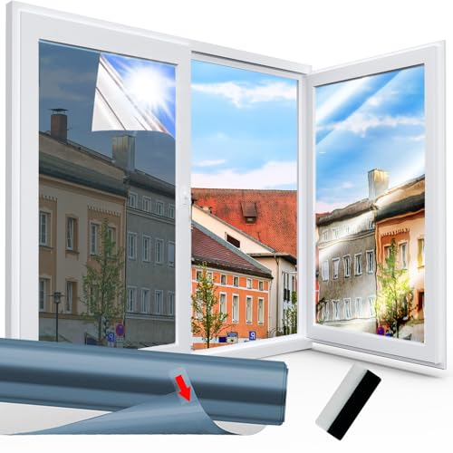 Fenster Sichtschutz Folie Spiegelfolie Einseitig durchsichtig Reflektierende Fensterfolie Sonnenschutz Wärmeisolierung für Büro und Haus (Blau-Silber, 118 x 200 cm) von Linarun