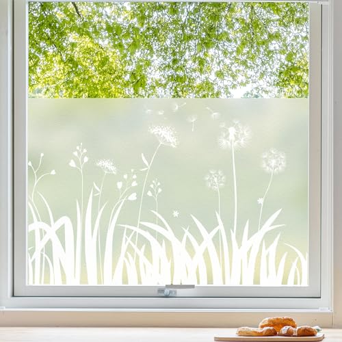 Fensterfolie Blickdicht Sichtschutzfolie Fenster Löwenzahn-Muster Milchglasfolie Selbstklebend Statisch Folie ohne Klebstoff Klebefolie Fenster für Bad, Büro, Küche von Linarun