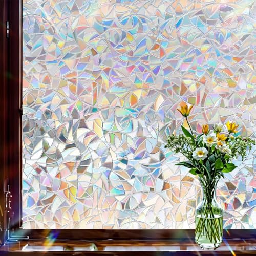 Linarun Fensterfolie Selbsthaftend Regenbogeneffekt 30x400cm, Blickdicht 3D Sichtschutzfolie Statisch Haftend ohne Klebstoff Anti UV Sonnenschutz Glasfolie für Büro Wohnzimmer Dekofolie von Linarun