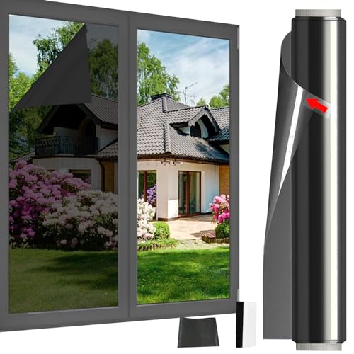 Fenster Sichtschutz Folie Spiegelfolie Einseitig durchsichtig Reflektierende Fensterfolie Sonnenschutz Wärmeisolierung für Büro und Haus (Schwarz Transparent, 90 x 400 cm) von Linarun