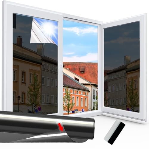 Fenster Sichtschutz Folie Spiegelfolie Einseitig durchsichtig Reflektierende Fensterfolie Sonnenschutz Wärmeisolierung für Büro und Haus (Schwarz Transparent, 118 x 400 cm) von Linarun