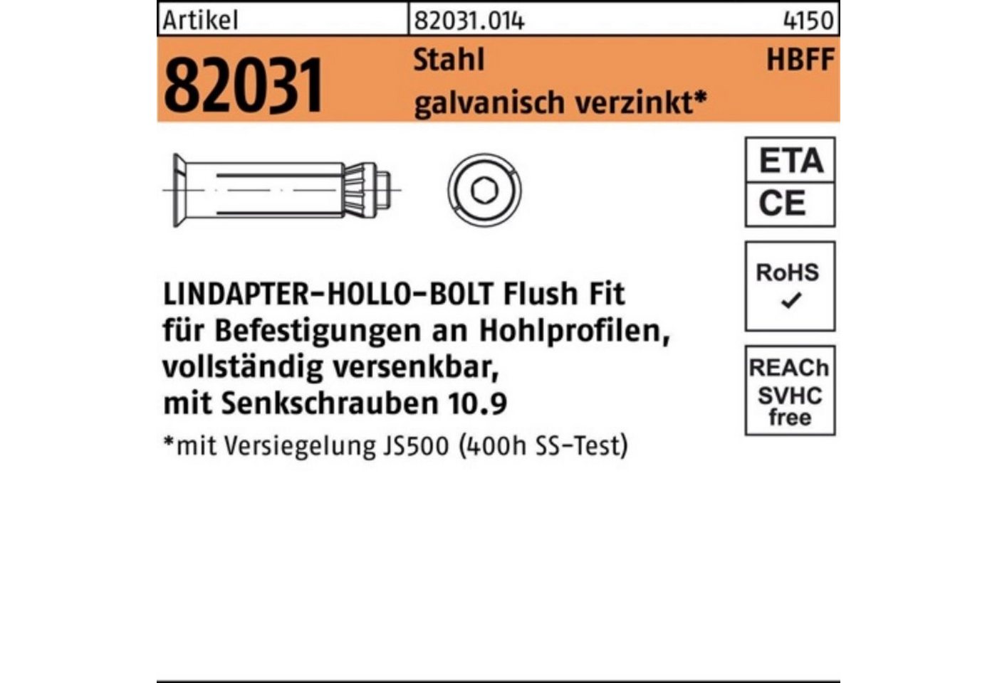 Lindapter Hohlraumdübel 100er Pack Hohlraumdübel R 82031 HBFF 10-2 (70/45) 10.9 galv.verz. 1 von Lindapter