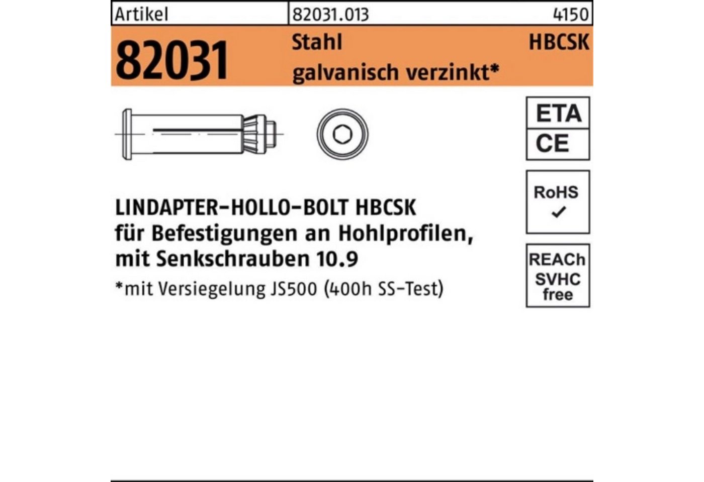 Lindapter Hohlraumdübel 100er Pack Hohlraumdübel R 82031 Senkschraube HBCSK 08-1 (50/22) 10. von Lindapter