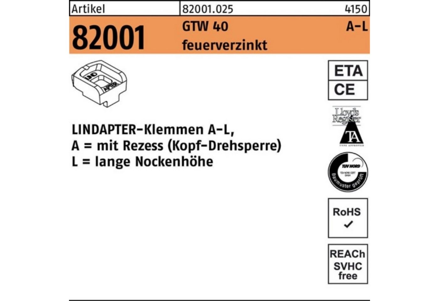 Lindapter Klemmen 100er Pack Klemmen R 82001 GTW 40 LM 24/16,0 feuerverz. 1 Stück LINDA von Lindapter