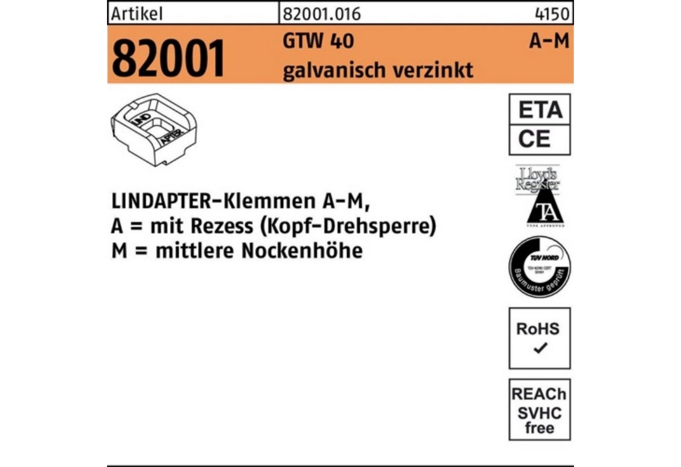 Lindapter Klemmen 100er Pack Klemmen R 82001 GTW 40 MM 24/12,0 galv.verz. 1 Stück LINDA von Lindapter