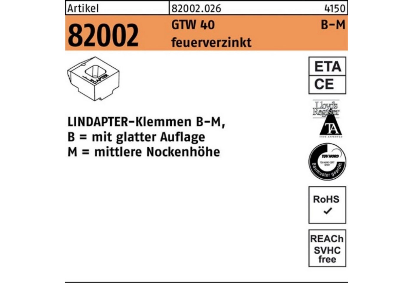 Lindapter Klemmen 100er Pack Klemmen R 82002 GTW 40 MM 16/8,0 feuerverz. 1 Stück LINDAP von Lindapter