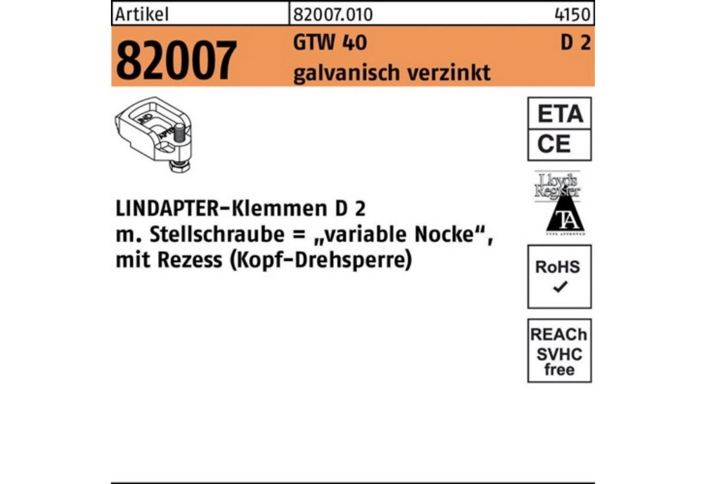 Lindapter Klemmen 100er Pack Klemmen R 82007 GTW 40 D2 M10/10 - 20 galv.verz. 1 Stück L von Lindapter