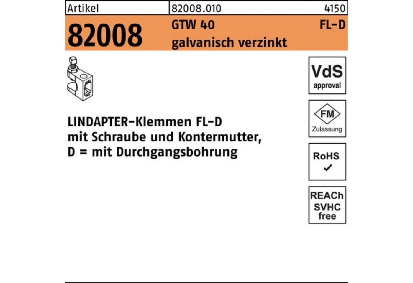 Lindapter Klemmen 100er Pack Klemmen R 82008 GTW 40 FL-D FL 3 - D 13 galv.verz. 1 Stück von Lindapter