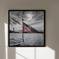Kunstdruck, Poster Des Acrylbilds "Möwe Auf Gehisster Hamburg-Flagge Am Hafen" von LindartVonLinda