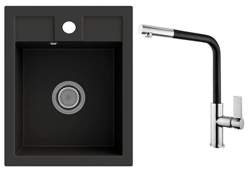 LINDBERGH® Küchen Granit-Spüle Schwarz "MON44 + Armatur 1-Deco" inkl. Siphon, Verbundstoffe Made in Germany, Spülen Küche Küchenspüle Spülbecken Kitchen Sinks Einbauspüle, inkl. Imprägnierung von Lindbergh Spülen