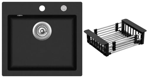 Rein Schwarz LINDBERGH® Antibakterielle Granit Spüle "COL44" + Siphon Einbauspüle Küchenspüle Spülbecken + IMPRÄGNIERUNG - Verbundstoffe MADE IN GERMANY (7. Spüle COL44 + Korb) von Lindbergh Spülen