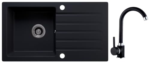 Rein Schwarz LINDBERGH® Antibakterielle Granit Spüle "MEG44" + Siphon Einbauspüle Küchenspüle Spülbecken + IMPRÄGNIERUNG - Verbundstoffe MADE IN GERMANY (2. Spüle MEG44 + Armatur 1-Galo) von Lindbergh Spülen