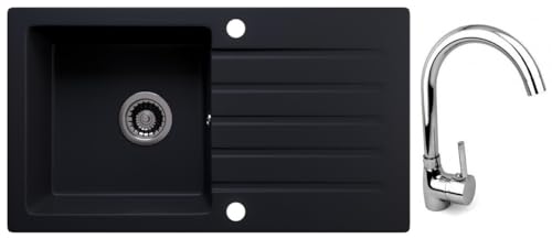 Rein Schwarz LINDBERGH® Antibakterielle Granit Spüle "MEG44" + Siphon Einbauspüle Küchenspüle Spülbecken + IMPRÄGNIERUNG - Verbundstoffe MADE IN GERMANY (3. Spüle MEG44 + Armatur 1-Helia) von Lindbergh Spülen
