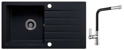 Rein Schwarz LINDBERGH® Antibakterielle Granit Spüle "MEG44" + Siphon Einbauspüle Küchenspüle Spülbecken + IMPRÄGNIERUNG - Verbundstoffe MADE IN GERMANY (6. Spüle MEG44 + Armatur 1-Deco) von Lindbergh Spülen