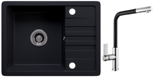 Rein Schwarz LINDBERGH® Antibakterielle Granit Spüle "SEZ44" + Siphon Einbauspüle Küchenspüle Spülbecken + IMPRÄGNIERUNG - Verbundstoffe MADE IN GERMANY (6. Spüle SEZ44 + Armatur 1-Deco) von Lindbergh Spülen