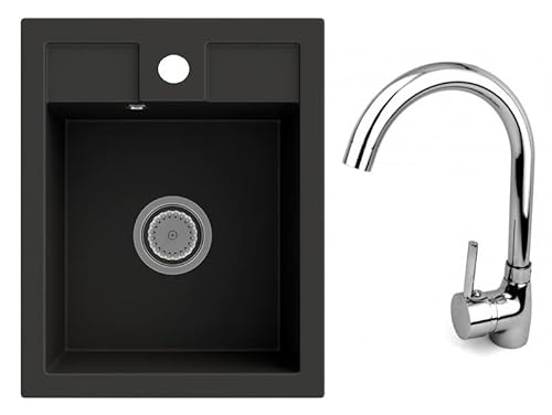 LINDBERGH® Küchen Granit-Spüle Schwarz "MON44 + Armatur 1-Helia" inkl. Siphon, Verbundstoffe Made in Germany, Spülen Küche Wasserhahn Küchenspüle Spülbecken Einbauspüle, inkl. Imprägnierung von Lindbergh Spülen