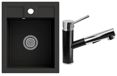 Rein Schwarz LINDBERGH® Antibakterielle Granit Spüle "MON44 + 1-Nero" + Siphon Einbauspüle Küchenspüle Spülbecken + IMPRÄGNIERUNG - Verbundstoffe MADE IN GERMANY (1. Spüle MON44 + Armatur 1-Nero) von Lindbergh Spülen