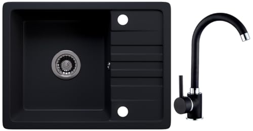 Rein Schwarz LINDBERGH® Antibakterielle Granit Spüle "SEZ44" + Siphon Einbauspüle Küchenspüle Spülbecken + IMPRÄGNIERUNG - Verbundstoffe MADE IN GERMANY (2. Spüle SEZ44 + Armatur 1-Galo) von Lindbergh Spülen