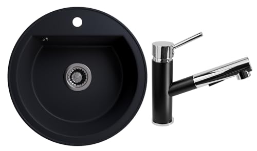 Rein Schwarz LINDBERGH® Antibakterielle Granit Spüle "TON44" + Siphon Einbauspüle Küchenspüle Spülbecken + IMPRÄGNIERUNG - Verbundstoffe MADE IN GERMANY… (5. Spüle TON44 + Armatur 1-Nero) von Lindbergh Spülen