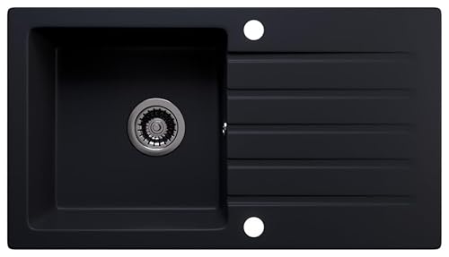 Rein Schwarz LINDBERGH® Granit Spüle "MEG44" + Siphon Einbauspüle Küchenspüle Spülbecken + DREHEXCENTER - Verbundstoffe MADE IN GERMANY (6. Spüle MEG44) von Lindbergh Spülen