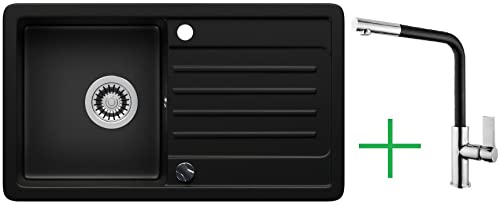 LINDBERGH® Küchen Granit-Spüle Schwarz "VEL44 + 1-Deco" mit Siphon, Verbundstoffe Made in Germany, Spülen Küche Küchenspüle Spülbecken Kitchen Waschbecken Sinks Einbauspüle, inkl. Imprägnierung von Lindbergh Spülen