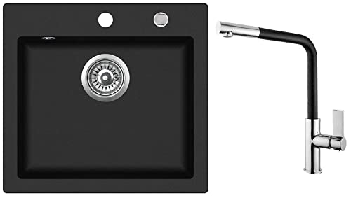 Rein Schwarz LINDBERGH® Granit Spüle mit Armatur "COL44 + 1-Deco" + Siphon Einbauspüle Küchenspüle Spülbecken + DREHEXCENTER - Verbundstoffe MADE IN GERMANY (Spüle COL44 + Armatur 1-Deco) von Lindbergh Spülen