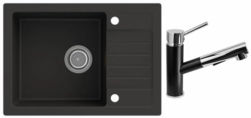 Rein Schwarz LINDBERGH® Granit Spüle mit Armatur "SIM44+ 1-Nero" + Siphon Einbauspüle Küchenspüle Spülbecken + DREHEXCENTER - Verbundstoffe MADE IN GERMANY (1. Spüle SIM44 + Armatur 1-Nero) von Lindbergh Spülen