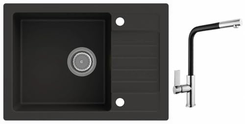 Rein Schwarz LINDBERGH® Granit Spüle mit Armatur "SIM44 + 1-Deco" + Siphon Einbauspüle Küchenspüle Spülbecken + DREHEXCENTER - Verbundstoffe MADE IN GERMANY (2. Spüle SIM44 + Armatur 1-Deco) von Lindbergh Spülen