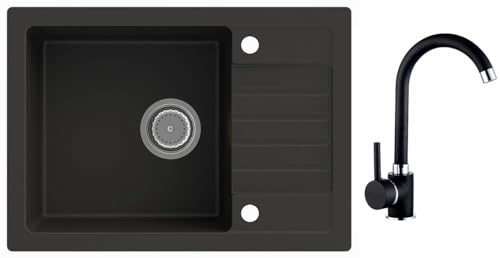 Rein Schwarz LINDBERGH® Granit Spüle mit Armatur "SIM44 + 1-Galo" + Siphon Einbauspüle Küchenspüle Spülbecken + DREHEXCENTER - Verbundstoffe MADE IN GERMANY (4. Spüle SIM44 + Armatur 1-Galo) von Lindbergh Spülen