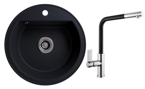 Rein Schwarz LINDBERGH® Granit Spüle mit Armatur "TON44 + 1-Deco" + Siphon Einbauspüle Küchenspüle Spülbecken + DREHEXCENTER - Verbundstoffe MADE IN GERMANY (2. Spüle TON44 + Armatur 1-Deco) von Lindbergh Spülen