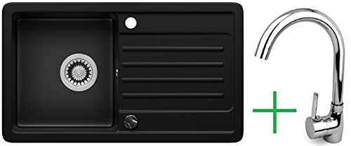 LINDBERGH® Küchen Granit-Spüle Schwarz "VEL44 + 1-Helia" mit Siphon, Verbundstoffe Made in Germany, Spülen Küche Küchenspüle Spülbecken Kitchen Waschbecken Sinks Einbauspüle, inkl. Imprägnierung von Lindbergh Spülen