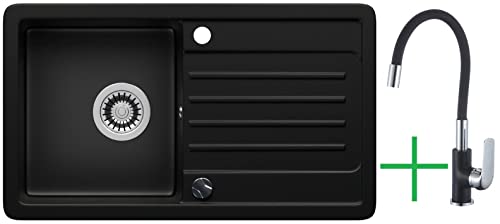 LINDBERGH® Küchen Granit-Spüle Schwarz "VEL44 + 1-Tubo" mit Siphon, Verbundstoffe Made in Germany, Spülen Küche Küchenspüle Spülbecken Kitchen Waschbecken Sinks Einbauspüle, inkl. Imprägnierung von Lindbergh Spülen
