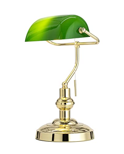 Lindby Bankerlampe grün messing poliert, Retro Schreibtischlampe, Bürolampe mit Zugschalter, Tischlampe 1 flammig E27 Fassung max. 60W, ohne Leuchtmittel von Lindby