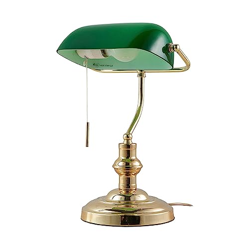 Lindby Bankerlampe grün messing poliert, Retro Schreibtischlampe Bürolampe mit Zugschalter Tischlampe 1 flammig E27 Fassung max. 60W ohne Leuchtmittel von Lindby