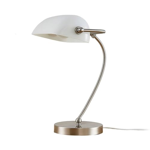 Lindby Bankerlampe weiß, nickel satiniert, Retro Schreibtischlampe, Bürolampe, Tischlampe 1x E27 max. 60W, ohne Leuchtmittel, Schreibtischbeleuchtung von Lindby