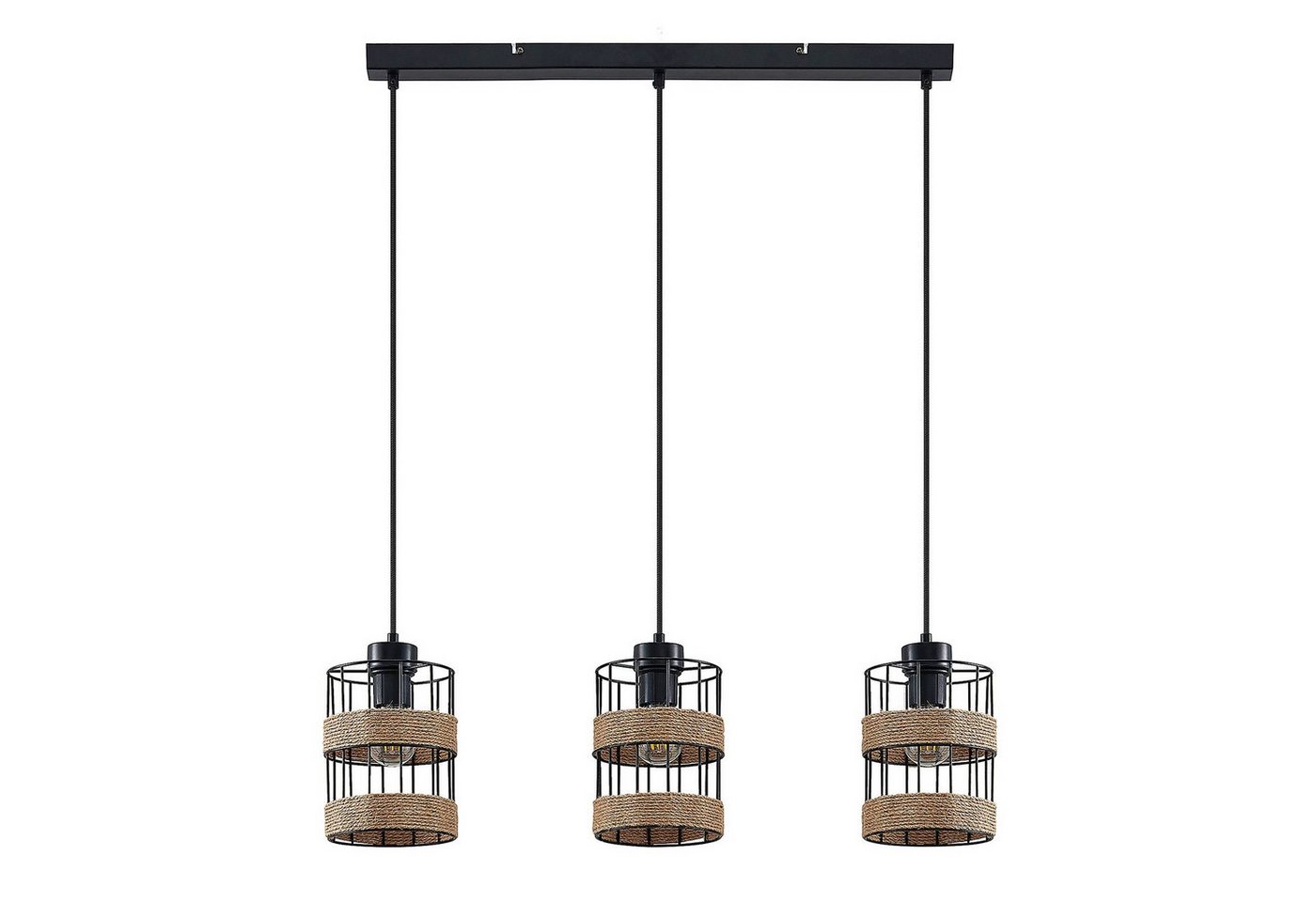 Lindby Hängeleuchte Espinia, dimmbar, Leuchtmittel nicht inklusive, Modern, Stahl, Hanfseil, Schwarz, beige, 3 flammig, E27, Deckenlampe von Lindby