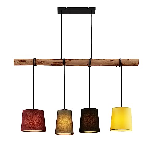 Lindby Esstisch Pendelleuchte Holz, Textil, Balkenpendelleuchte Holzast und Stoff Lampenschirm, Hängelampe, Lampe Wohnzimmer 4x E27, ohne Leuchtmittel von Lindby