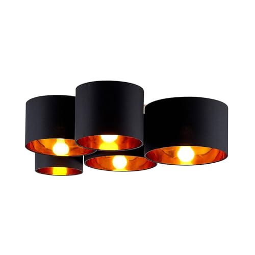 Lindby Stoff Deckenlampe schwarz-gold, 5 Schirme Ø 20, 25, 28, 30, 32 cm, 5x E27 max. 60W, ohne Leuchtmittel, Textil Deckenleuchte, Wohnzimmerlampe von Lindby