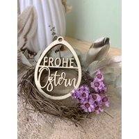 3Er Set Holzanhänger "Frohe Ostern" | Dekoanhänger in Eiform Mit Schriftzug, Geschenkanhänger Osternest 7cm Osteranhänger Loch von Lindenblaettchen