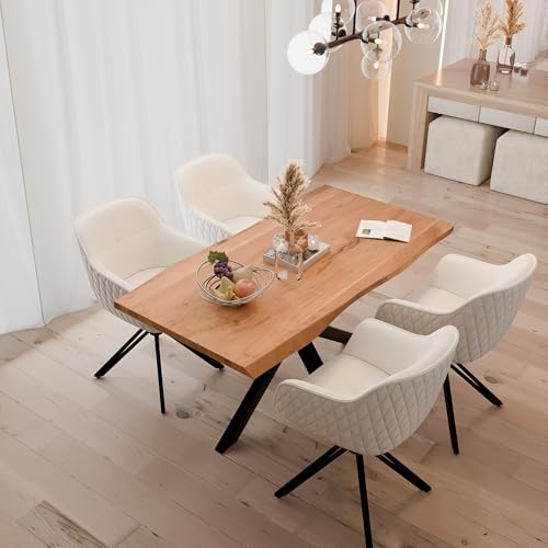 Linele® Essgruppe – Baumkantentisch mit 4 Stühlen – Massivholz Esstisch aus Akazienholz mit Spider-Gestell – 360° drehbare Stühle mit Samtbezug, PVC-frei & Oeko-TEX® Zertifiziert (Beige, 160 x 85 cm) von Linele