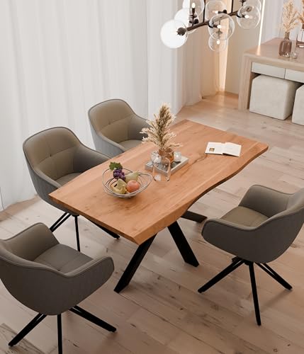 Linele® Essgruppe – Baumkantentisch mit 4 Stühlen – Massivholz Esstisch aus Akazienholz mit Spider-Gestell – 360° drehbare Stühle mit Samtbezug, PVC-frei & Oeko-TEX® Zertifiziert (Grau, 160 x 85 cm) von Linele