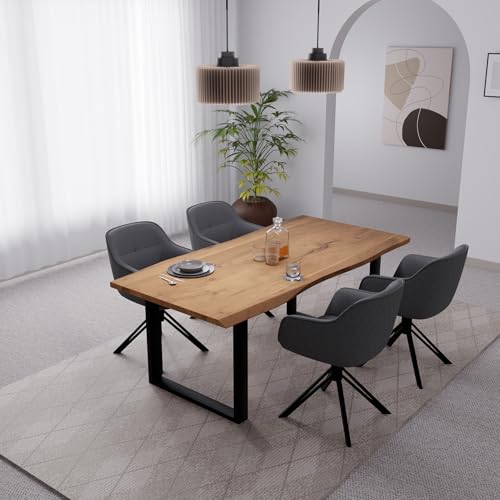 Linele® Essgruppe – Baumkantentisch mit 4 Stühlen – Massivholz Esstisch aus Akazienholz mit U-Gestell – 360° drehbare Stühle mit Samtbezug, PVC-frei & Oeko-TEX® Zertifiziert (Grau, 140 x 80 cm) von Linele