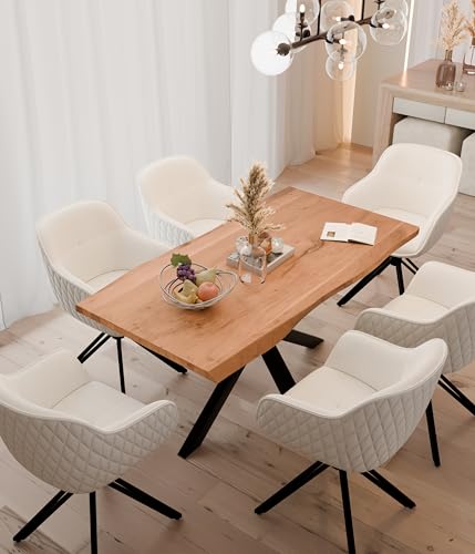 Linele® Essgruppe – Baumkantentisch mit 6 Stühlen – Massivholz Esstisch aus Akazienholz mit Spider-Gestell – 360° drehbare Stühle mit Samtbezug, PVC-frei & Oeko-TEX® Zertifiziert (Beige, 180 x 90 cm) von Linele