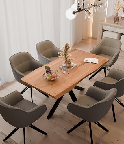 Linele® Essgruppe – Baumkantentisch mit 6 Stühlen – Massivholz Esstisch aus Akazienholz mit Spider-Gestell – 360° drehbare Stühle mit Samtbezug, PVC-frei & Oeko-TEX® Zertifiziert (Grau, 180 x 90 cm) von Linele