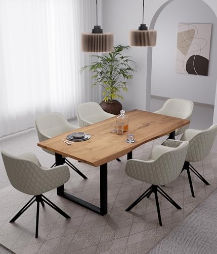 Linele® Essgruppe – Baumkantentisch mit 6 Stühlen – Massivholz Esstisch aus Akazienholz mit U-Gestell – 360° drehbare Stühle mit Samtbezug, PVC-frei & Oeko-TEX® Zertifiziert (Beige, 180 x 90 cm) von Linele