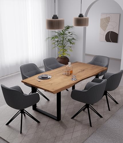 Linele® Essgruppe – Baumkantentisch mit 6 Stühlen – Massivholz Esstisch aus Akazienholz mit U-Gestell – 360° drehbare Stühle mit Samtbezug, PVC-frei & Oeko-TEX® Zertifiziert (Grau, 180 x 90 cm) von Linele
