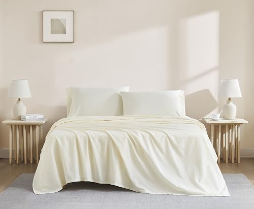 Linen Closet Luxuriöses Baumwoll-Bettwäsche-Set, Fadenzahl 144, Bio-Baumwolle, 4-teilig, Queen-Size-Bett, frisches Elfenbein von Linen Closet