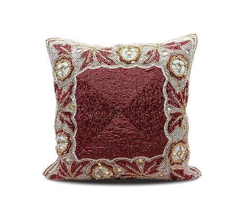 Linen Clubs Kissenbezug mit Perlen 14x14 Beaded Cushion Cover Red Gold Multi von Linen Clubs